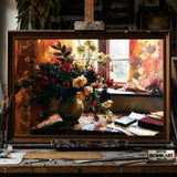 Floral still life in Window - Hand-Painted Oil Painting - View 1
