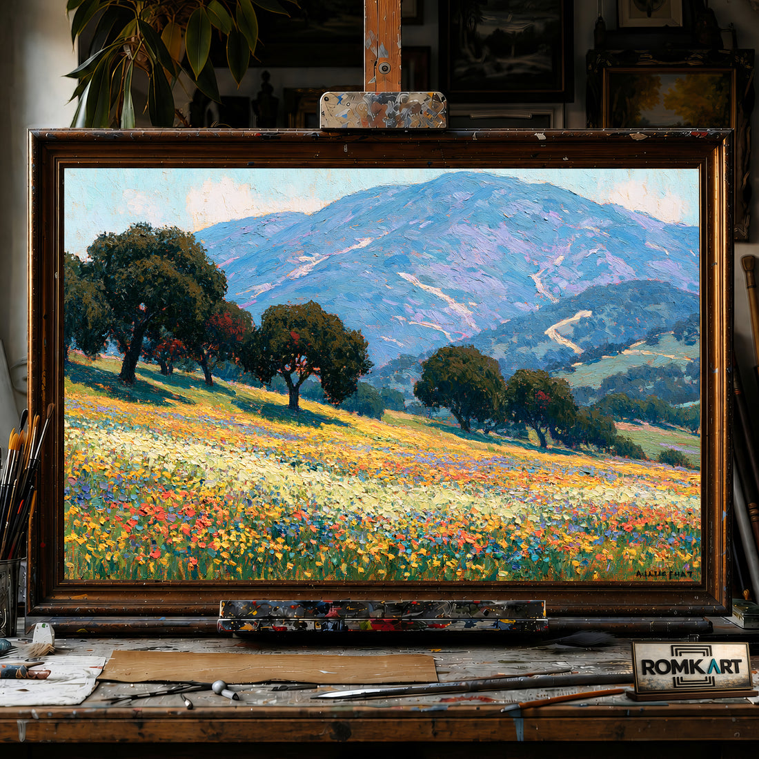 Flowering Hillside Meadow hand-painted oil painting on canvas