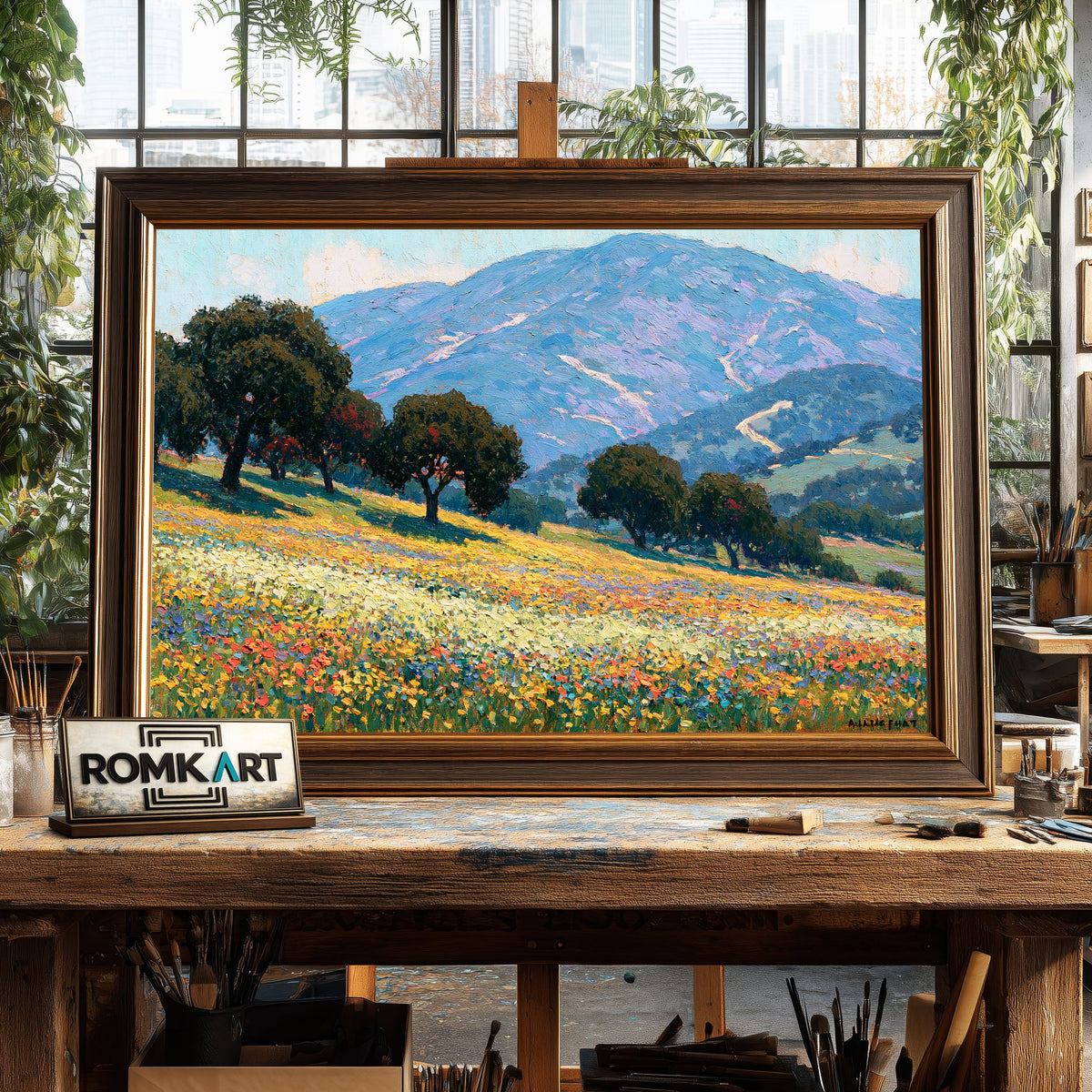 Flowering Hillside Meadow Countryside Oil Painting - image 2