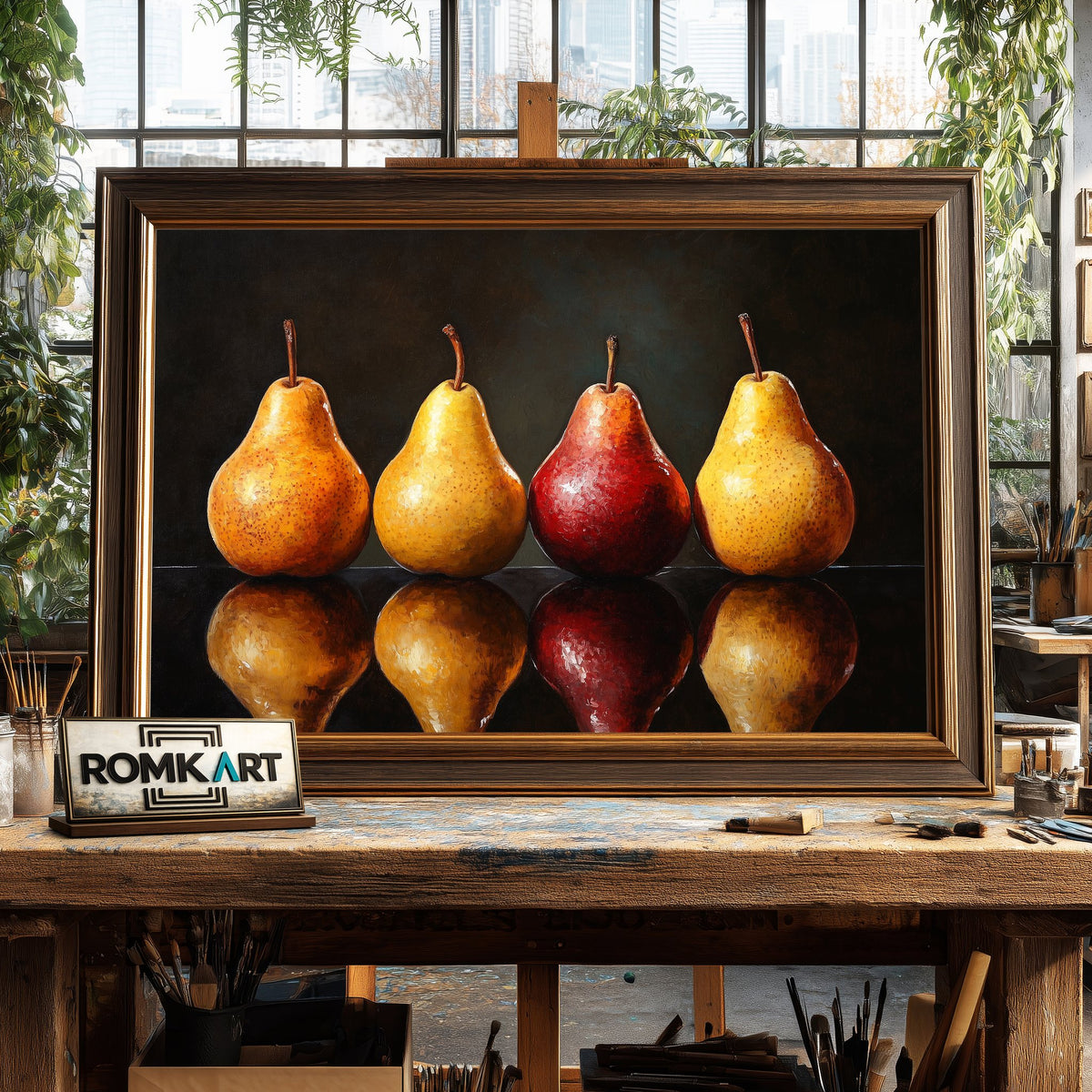 Four Pears Reflection Still Life Oil Painting - image 2