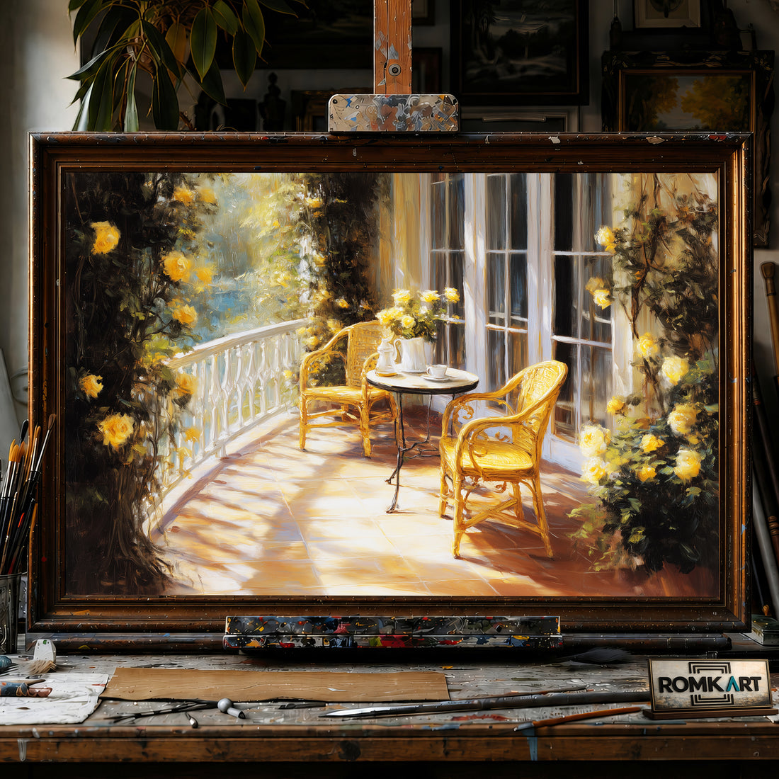 French Blacony in Golden Sun Light hand-painted oil painting on canvas