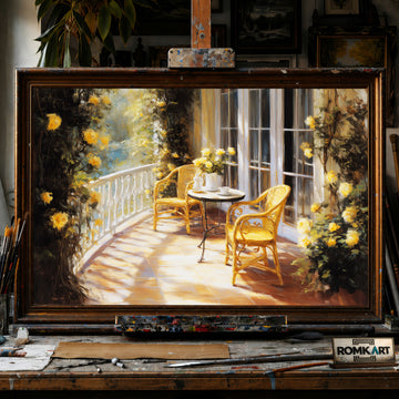 French Blacony in Golden Sun Light hand-painted oil painting on canvas