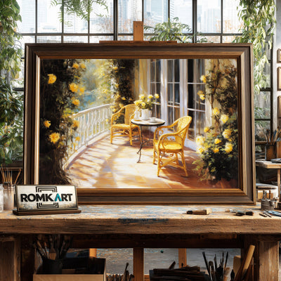 French Blacony in Golden Sun Light Cafe Scene Oil Painting - image 2
