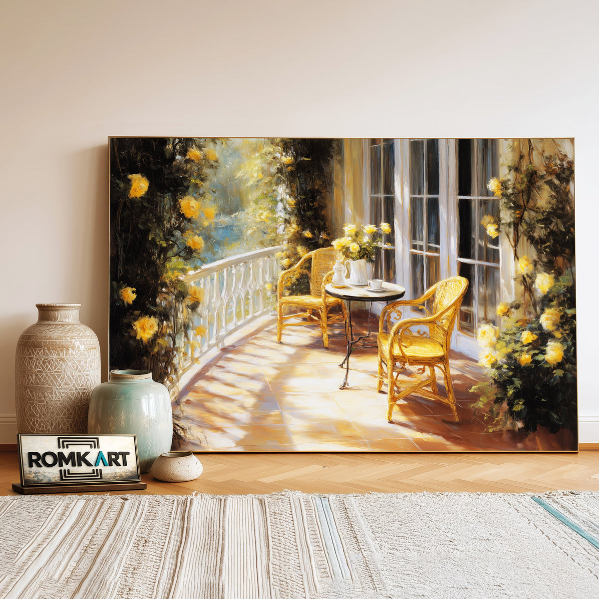 French Blacony in Golden Sun Light Cafe Scene Oil Painting - image 3