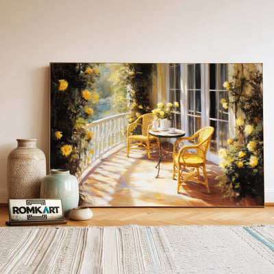 French Blacony in Golden Sun Light Cafe Scene Oil Painting - image 3