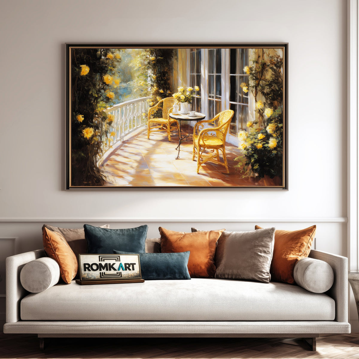 French Blacony in Golden Sun Light Cafe Scene Oil Painting - image 4