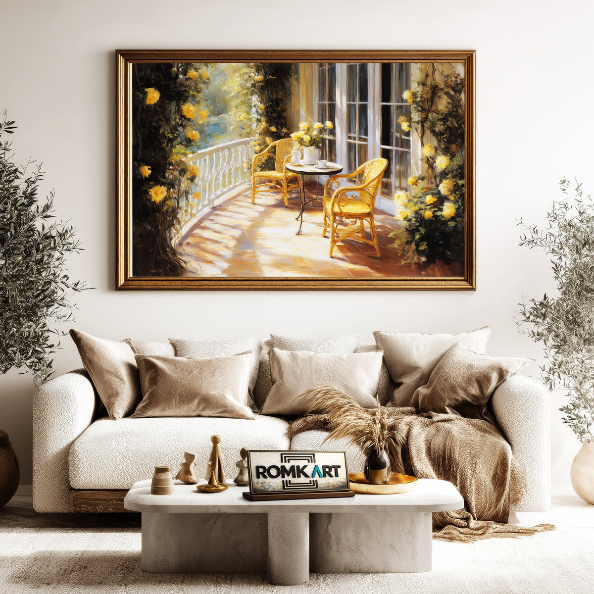 French Blacony in Golden Sun Light Cafe Scene Oil Painting - image 5