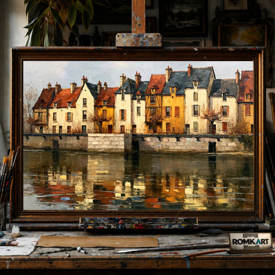 French Riverside hand-painted oil painting on canvas