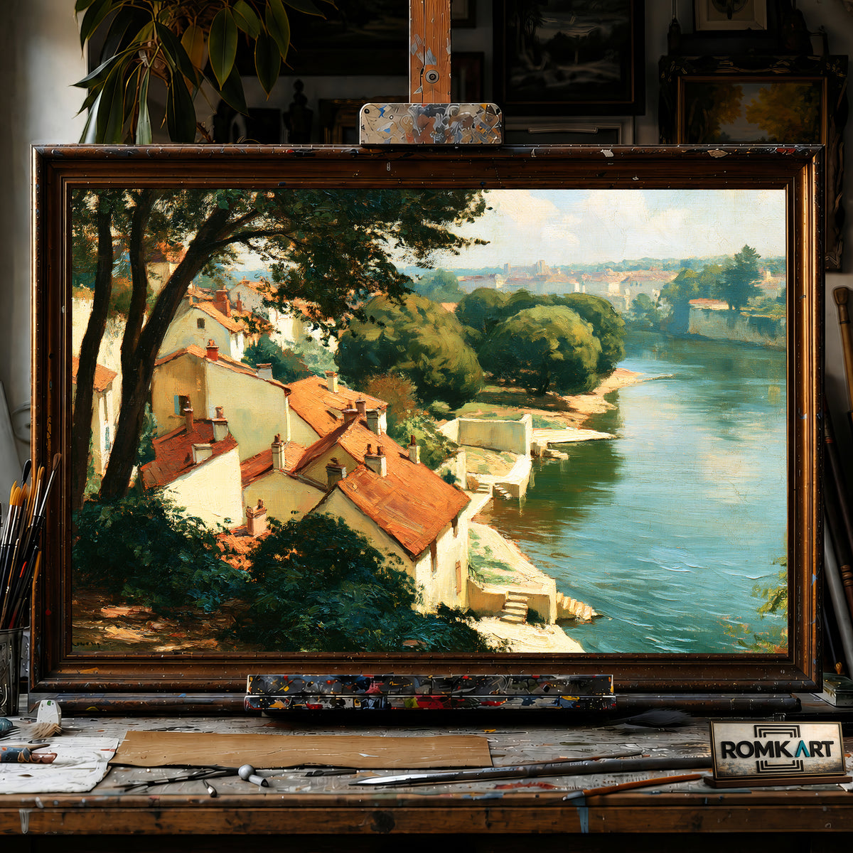 French Riverside Village hand-painted oil painting on canvas