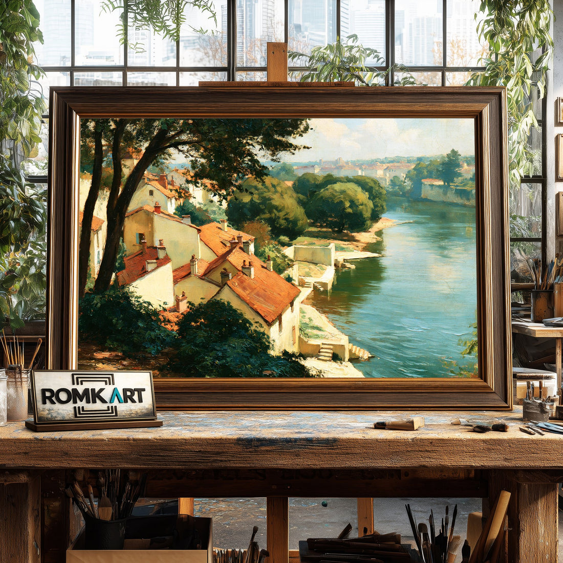 French Riverside Village hand-painted oil painting on canvas