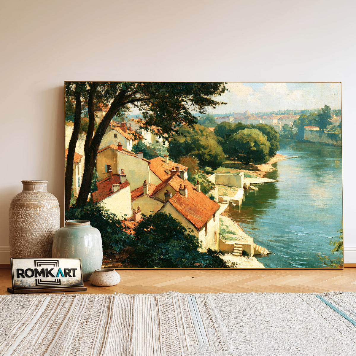 French Riverside Village Waterscape Oil Painting - image 3