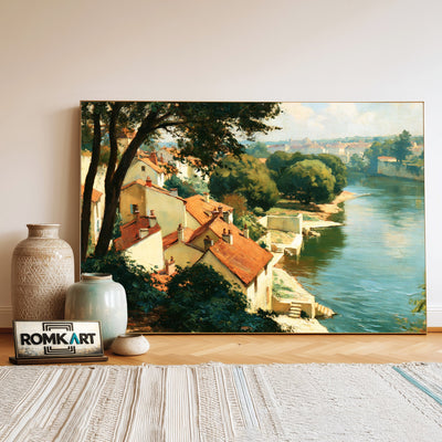 French Riverside Village Waterscape Oil Painting - image 3