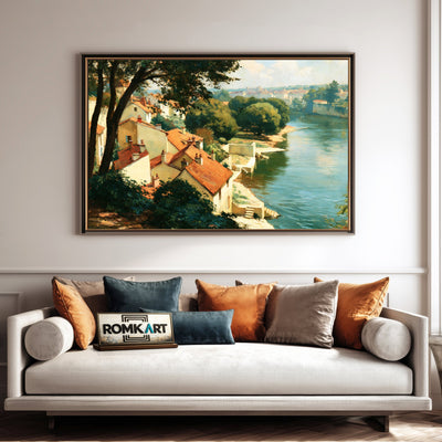 French Riverside Village Waterscape Oil Painting - image 4