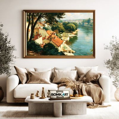 French Riverside Village Waterscape Oil Painting - image 5