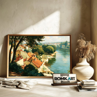 French Riverside Village Waterscape Oil Painting - image 6