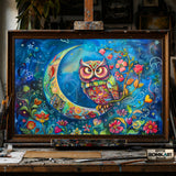 Funny Owl and Moon hand-painted oil painting on canvas