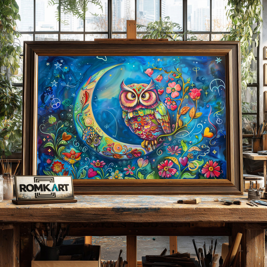 Funny Owl and Moon hand-painted oil painting on canvas