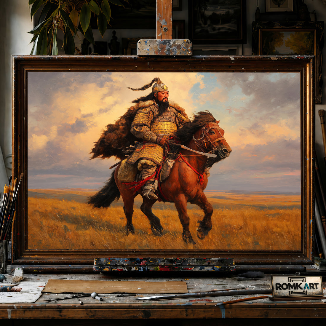 Genghis Khan on Mongolian Warhorse hand-painted oil painting on canvas