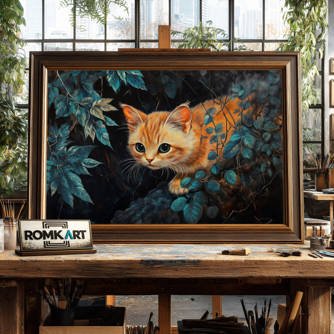 Ginger Cat in Jungle hand-painted oil painting on canvas