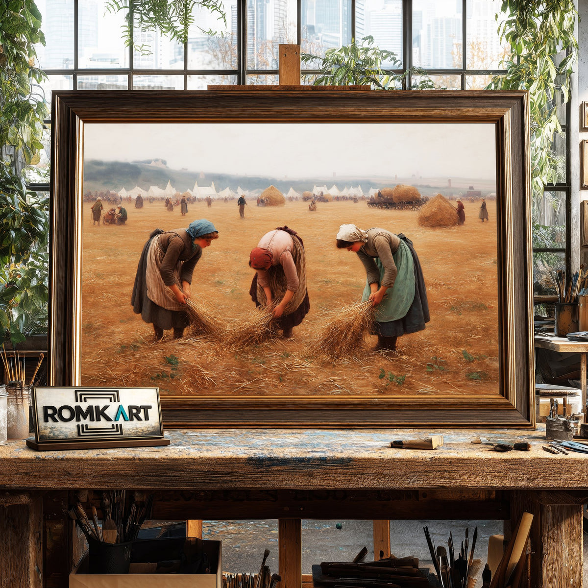 Gleaning Wheat in a Harvested Field Figurative Oil Painting - image 2