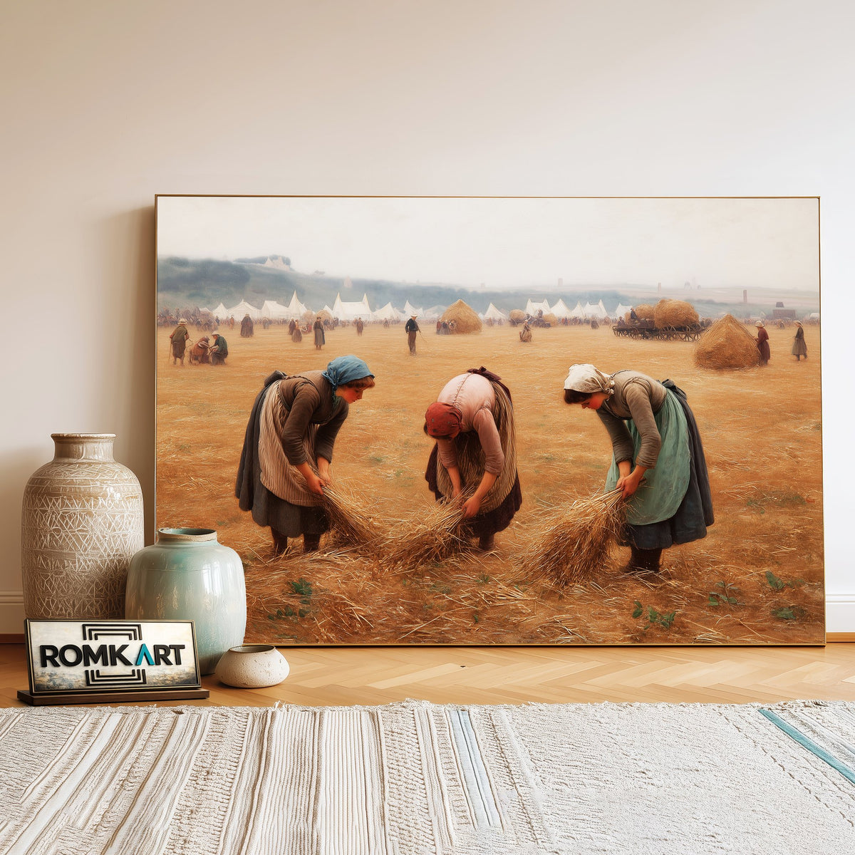 Gleaning Wheat in a Harvested Field Figurative Oil Painting - image 3