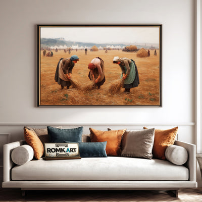 Gleaning Wheat in a Harvested Field Figurative Oil Painting - image 4