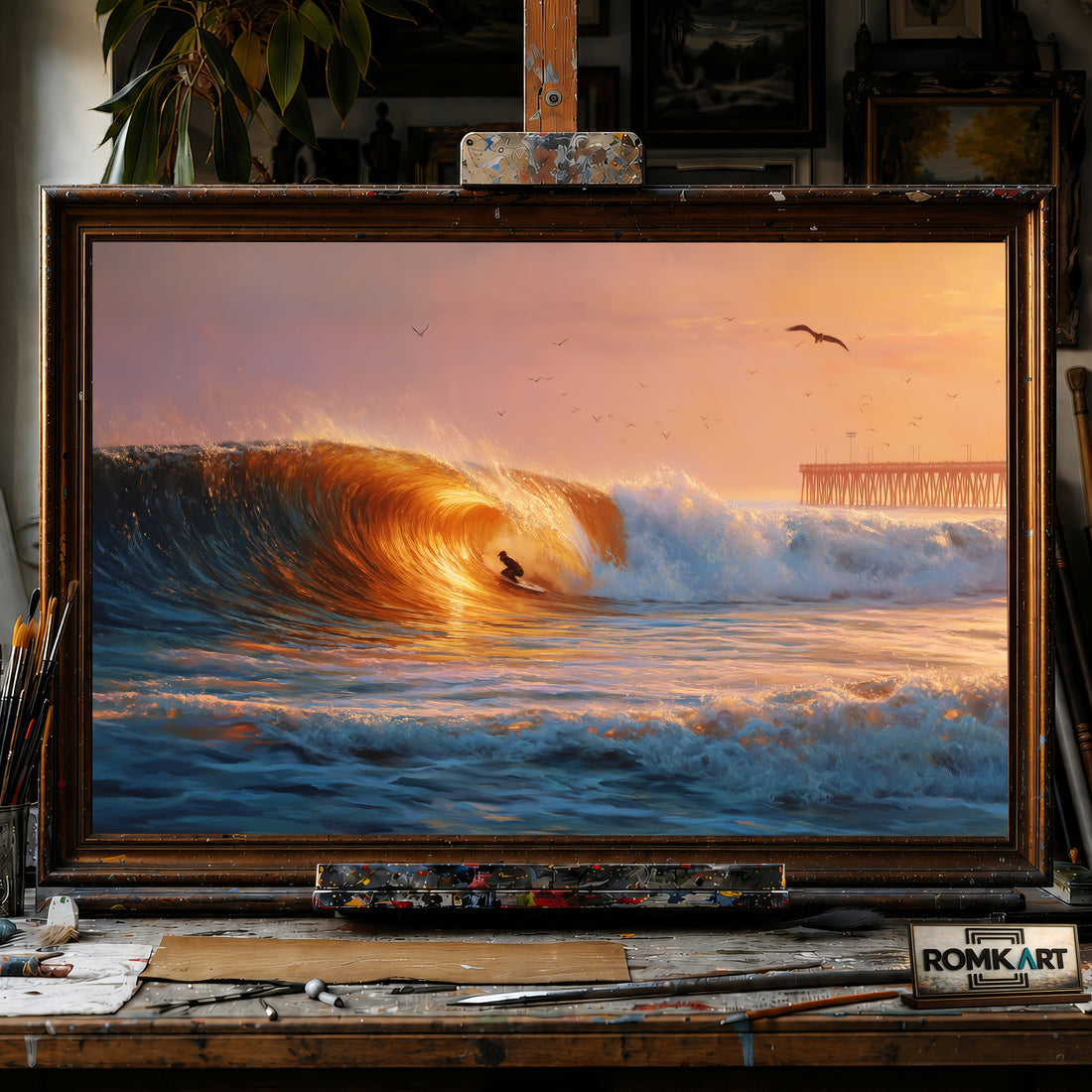 Golden Barrel Wave at Sunset Seascape Oil Painting