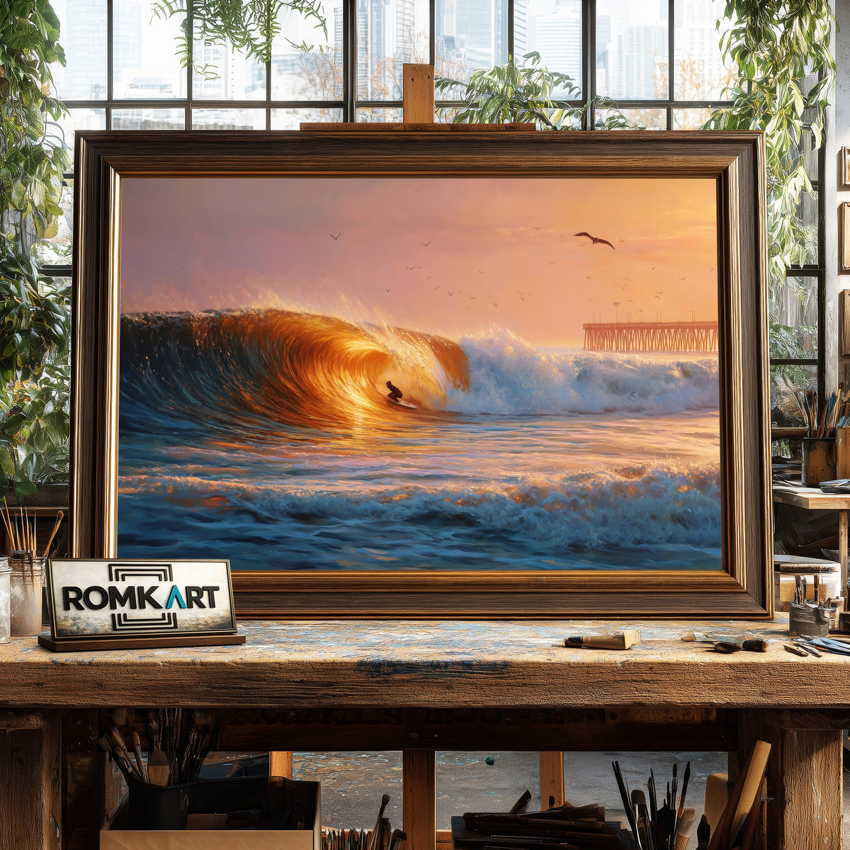 Golden Barrel Wave at Sunset Seascape Oil Painting - image 2