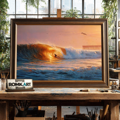 Golden Barrel Wave at Sunset Seascape Oil Painting - image 2