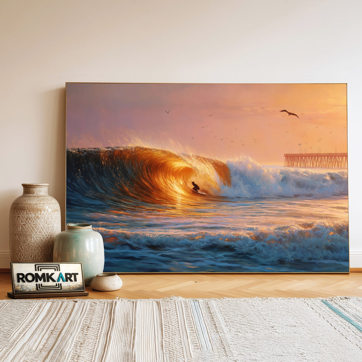 Golden Barrel Wave at Sunset Seascape Oil Painting - image 3