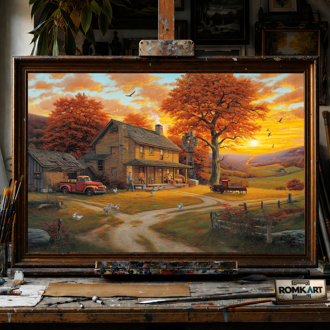 Golden-Hour Countryside Farm hand-painted oil painting on canvas