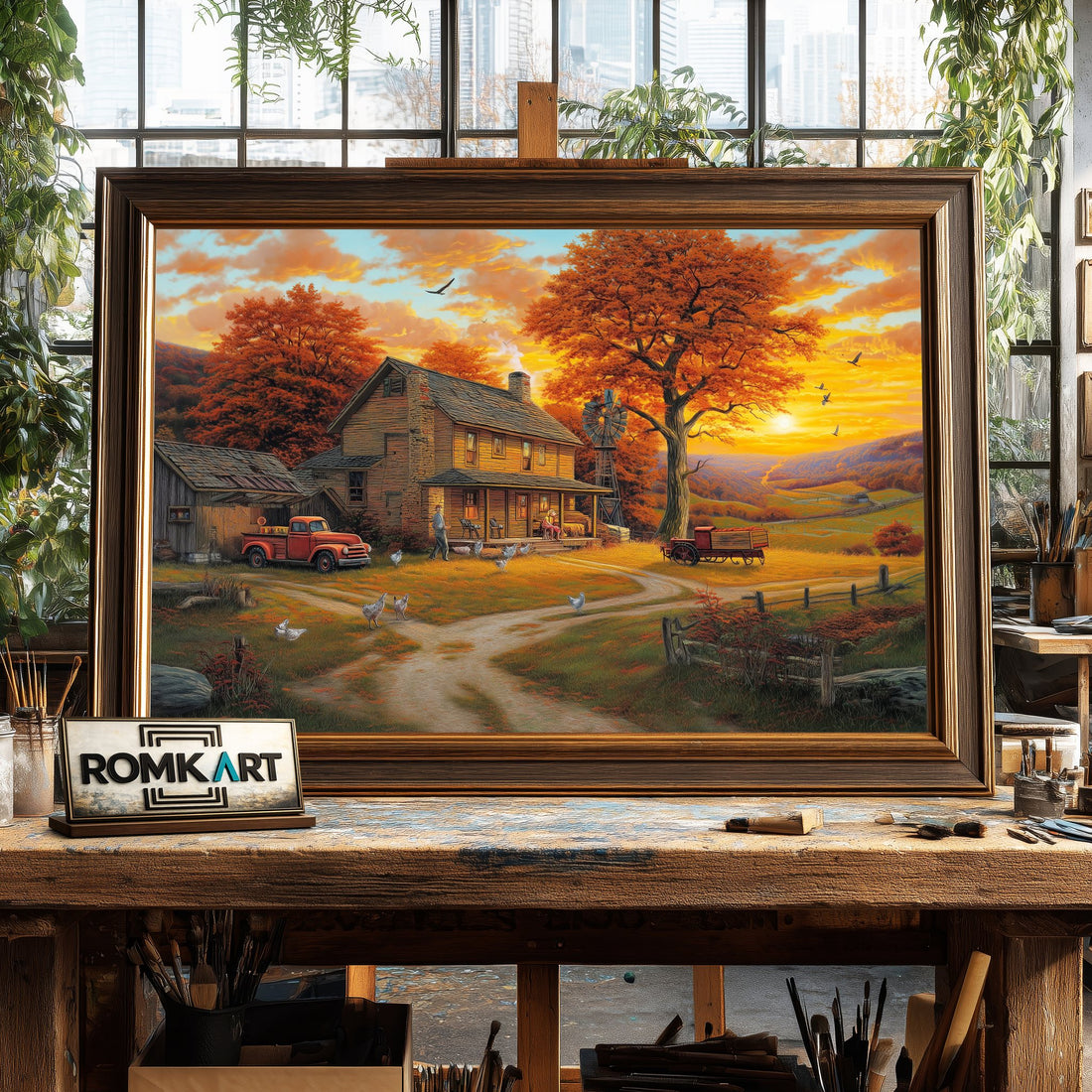 Golden-Hour Countryside Farm hand-painted oil painting on canvas