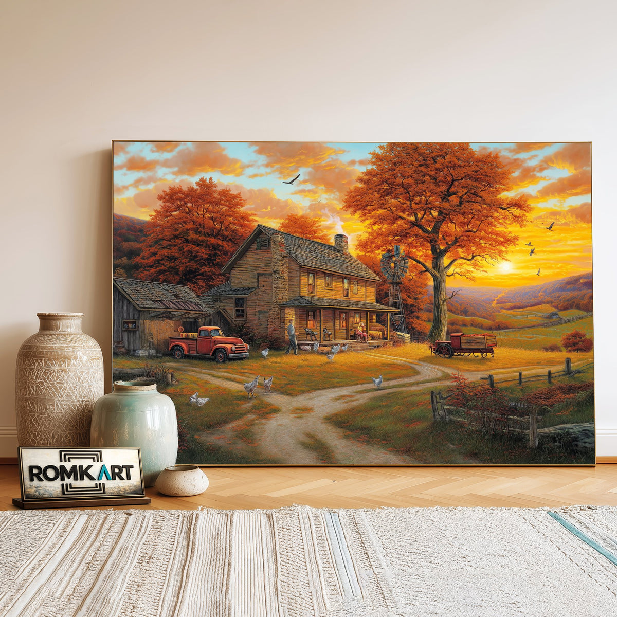 Golden-Hour Countryside Farm Oil Painting - image 3