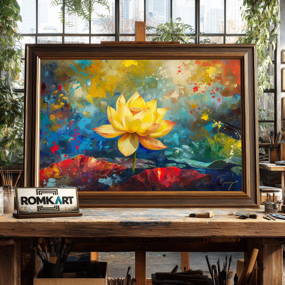 Golden Lotus Floral Oil Painting - image 2