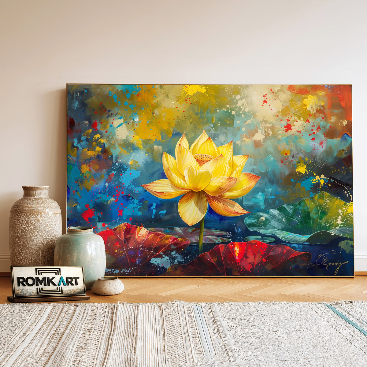 Golden Lotus Floral Oil Painting - image 3