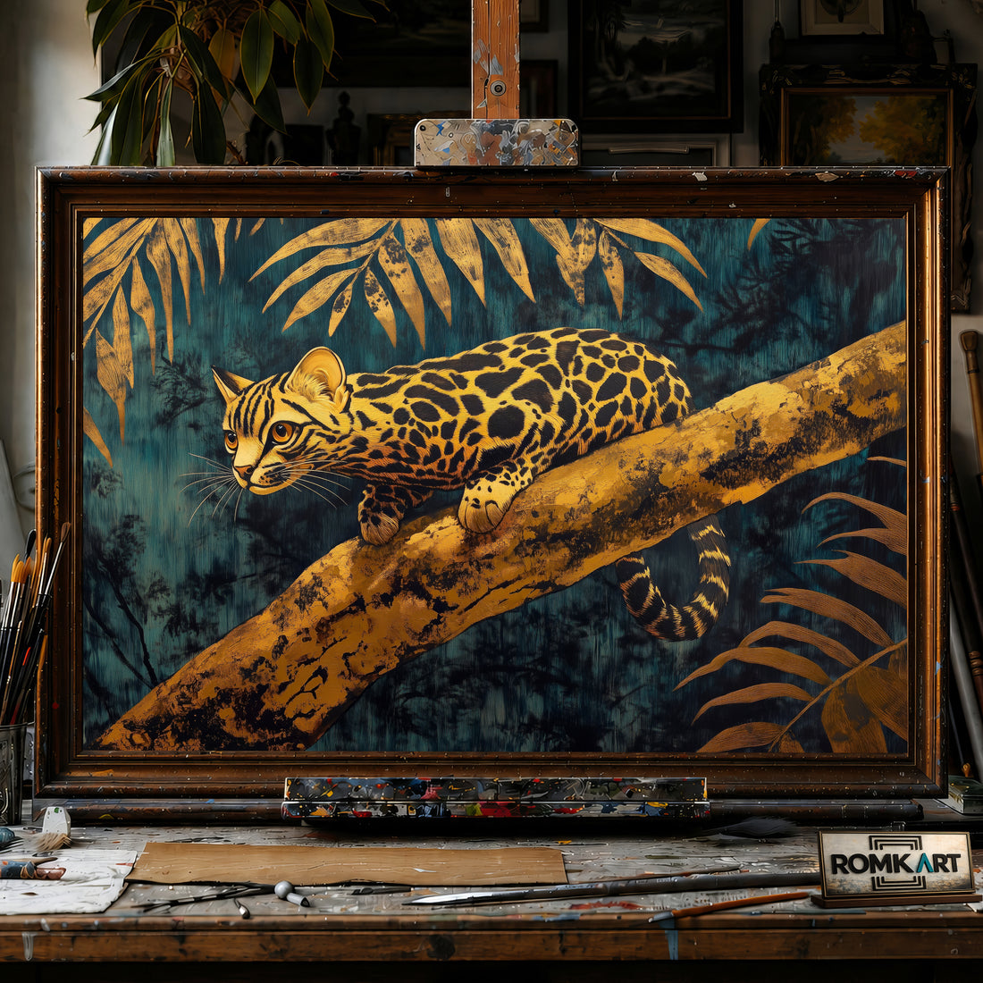 Golden Ocelot in Jungle hand-painted oil painting on canvas