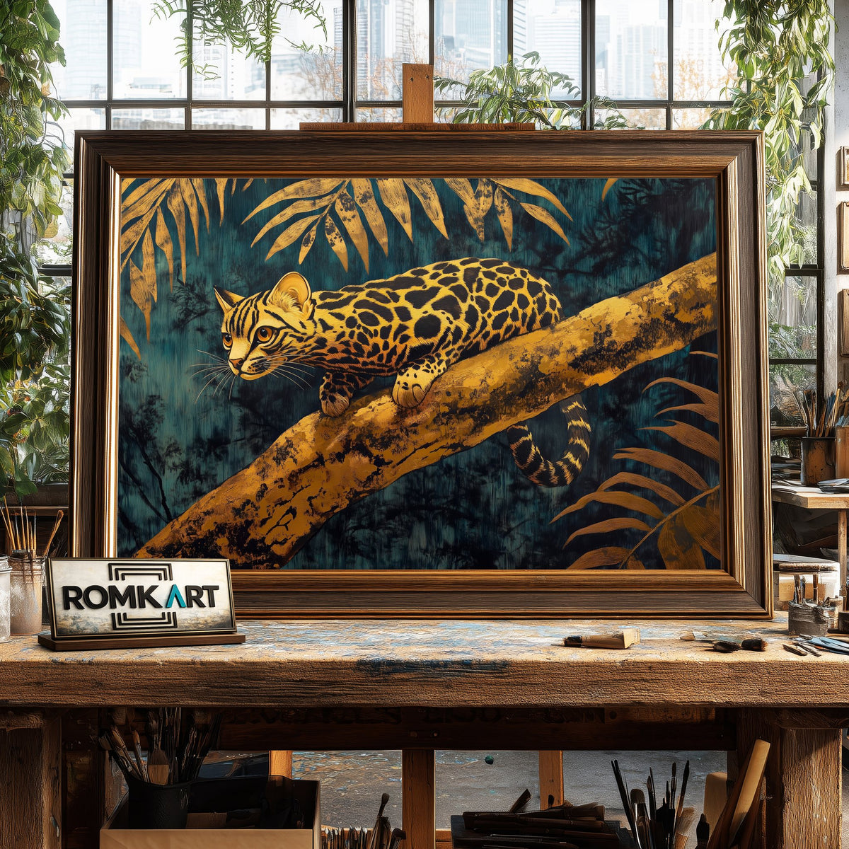 Golden Ocelot in Jungle Forest Landscape Oil Painting - image 2