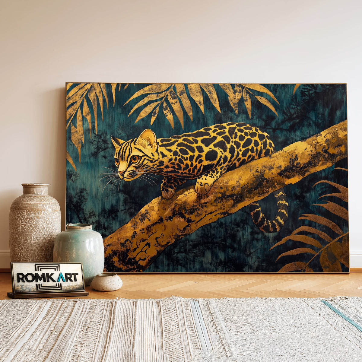 Golden Ocelot in Jungle Forest Landscape Oil Painting - image 3