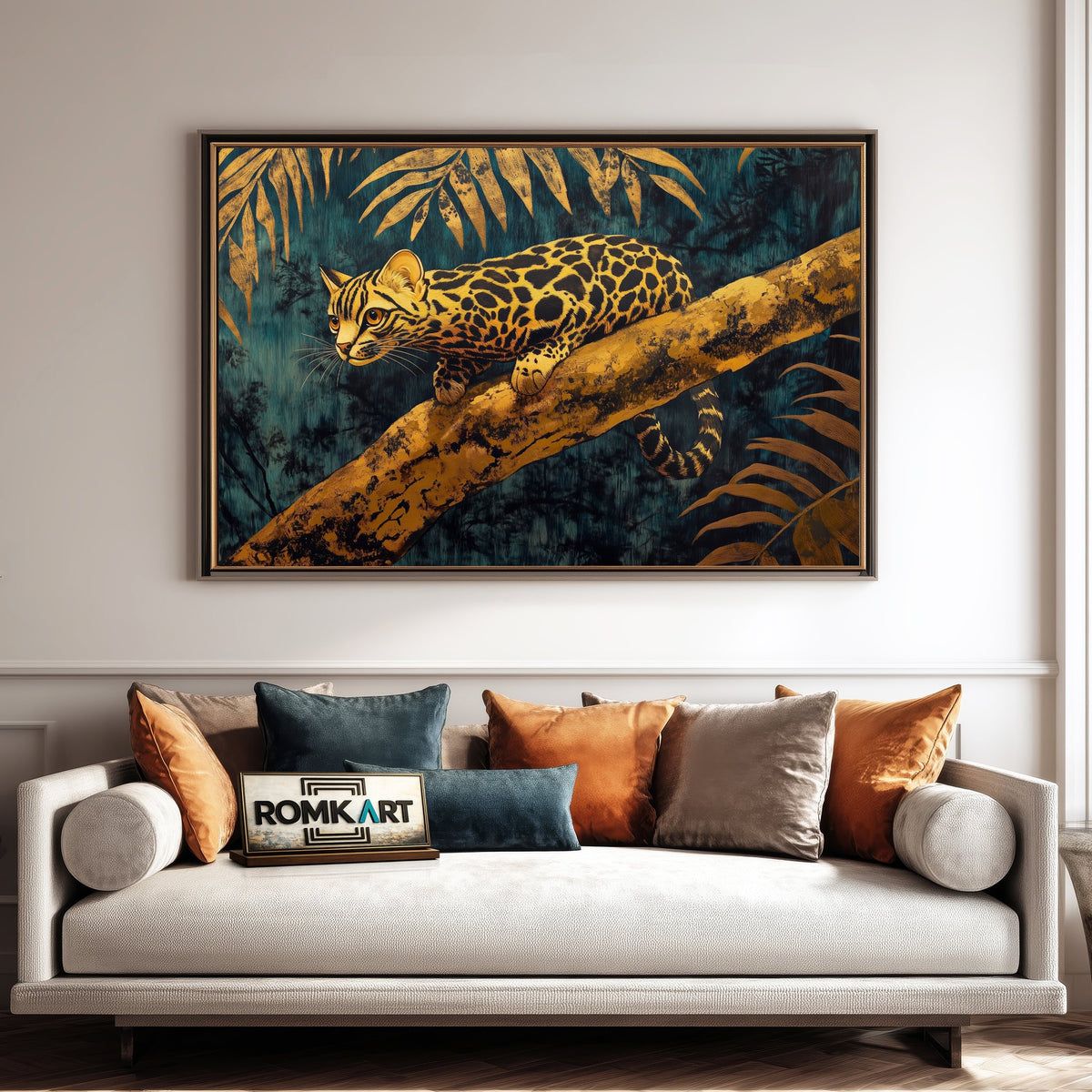 Golden Ocelot in Jungle Forest Landscape Oil Painting - image 4