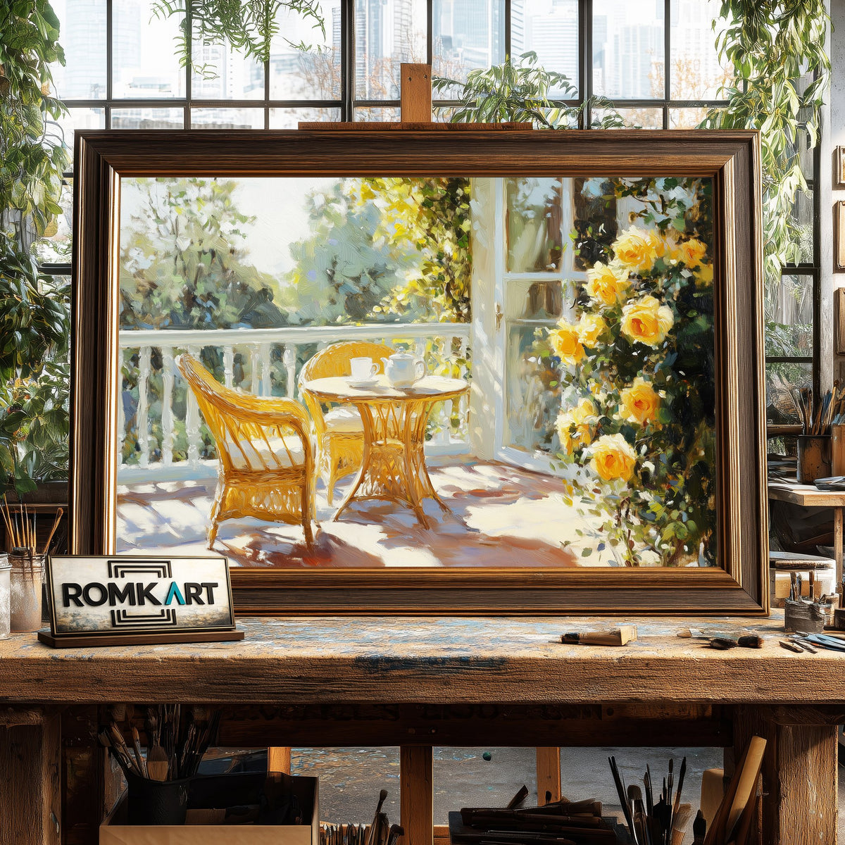 Golden Sun on French Balcony Cafe Scene Oil Painting - image 2
