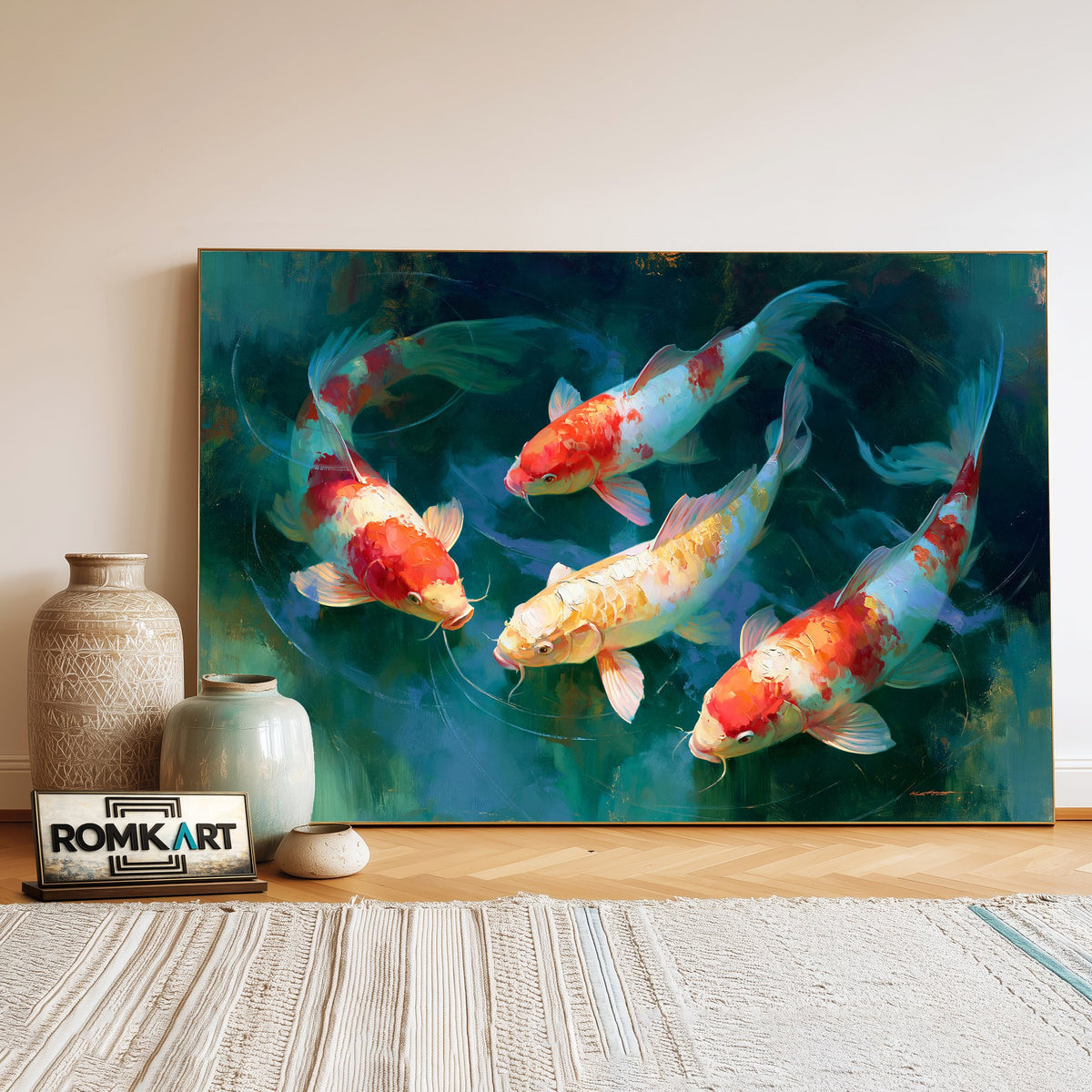 Graceful Koi Fish Marine Life Oil Painting - image 3