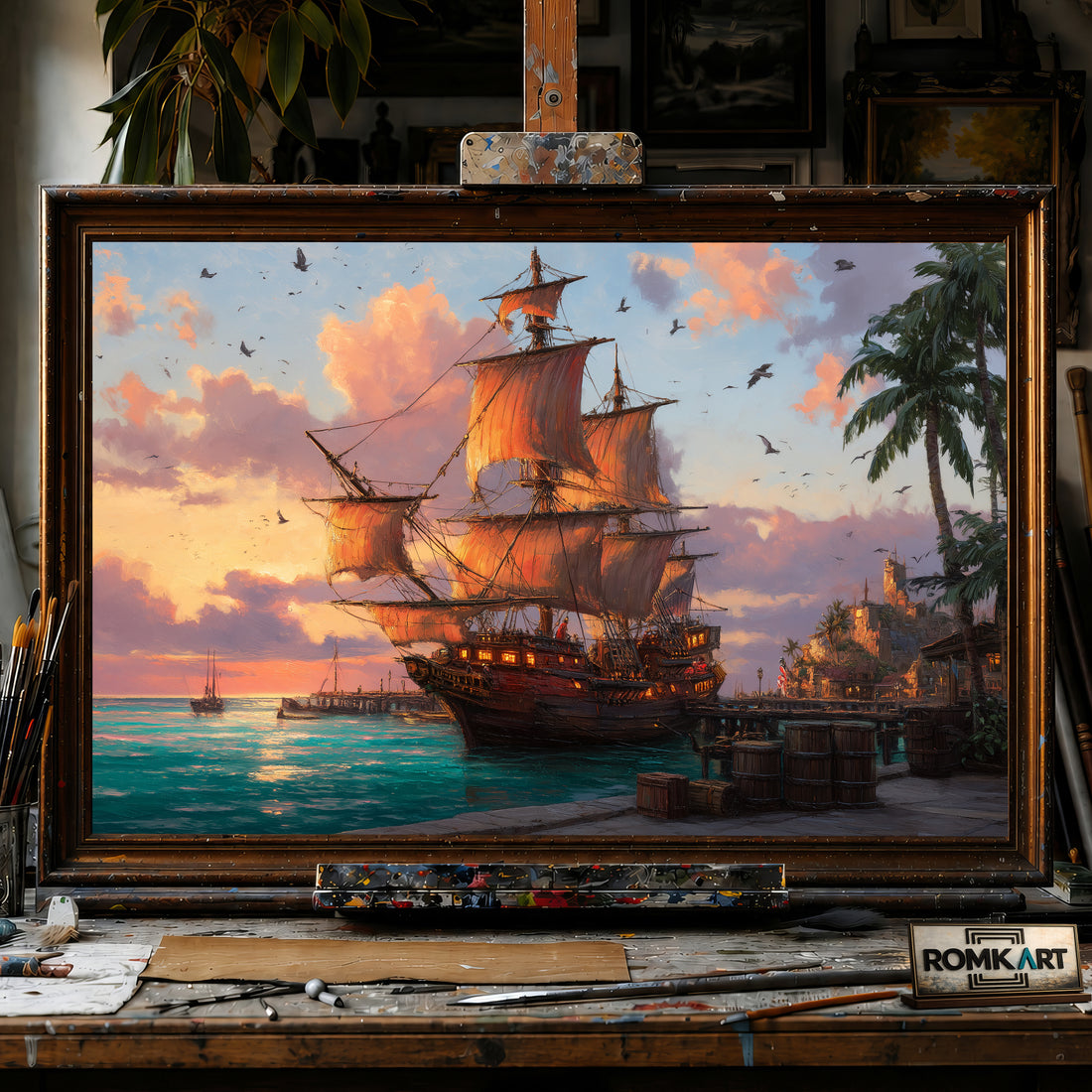 Grand Pirate Ship Docked in Golden Sunset hand-painted oil painting on canvas