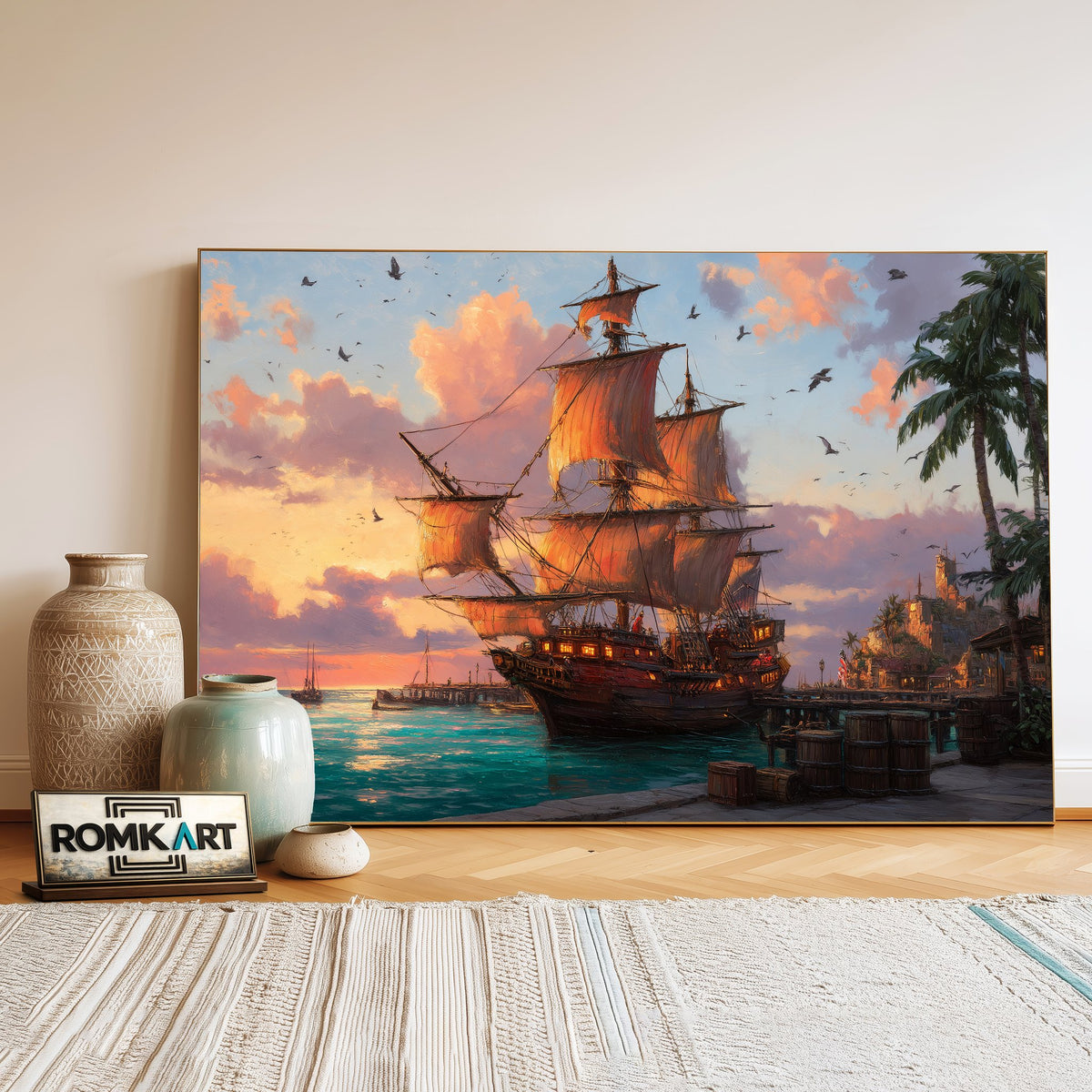 Grand Pirate Ship Docked in Golden Sunset Oil Painting - image 3
