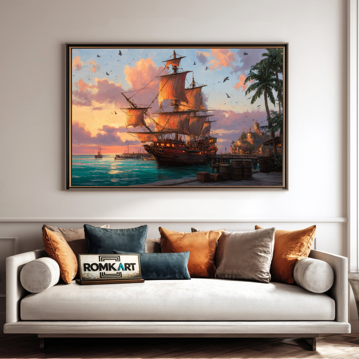 Grand Pirate Ship Docked in Golden Sunset Oil Painting - image 4