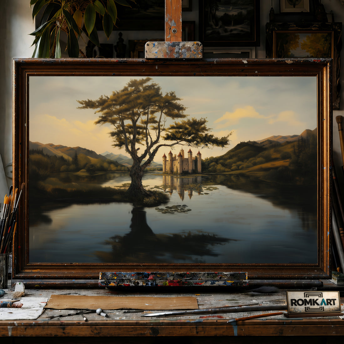 Grand Stone Castle at Reflective Lake hand-painted oil painting on canvas