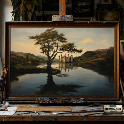 Grand Stone Castle at Reflective Lake hand-painted oil painting on canvas