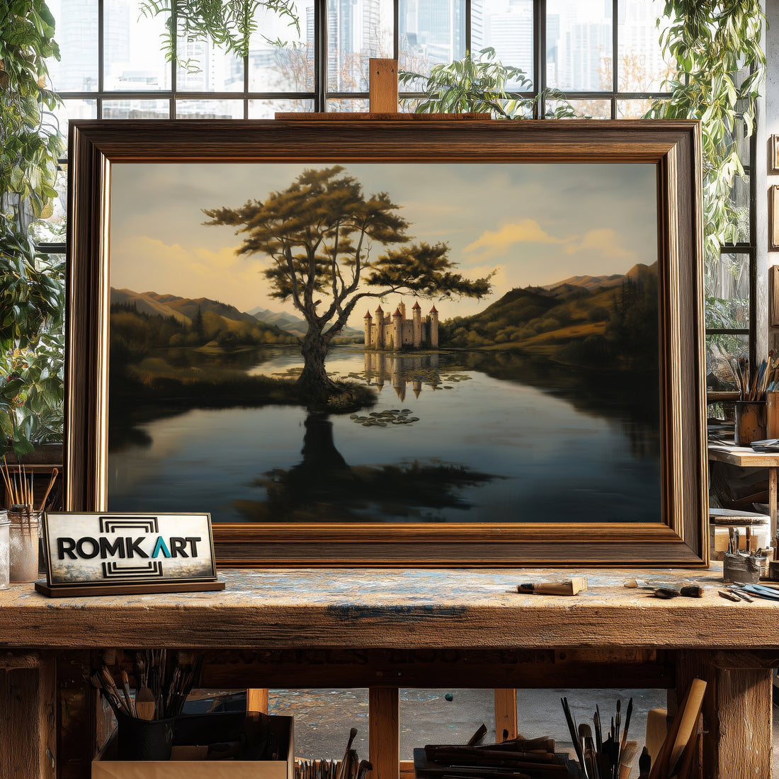 Grand Stone Castle at Reflective Lake hand-painted oil painting on canvas