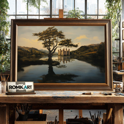Grand Stone Castle at Reflective Lake Waterscape Oil Painting - image 2