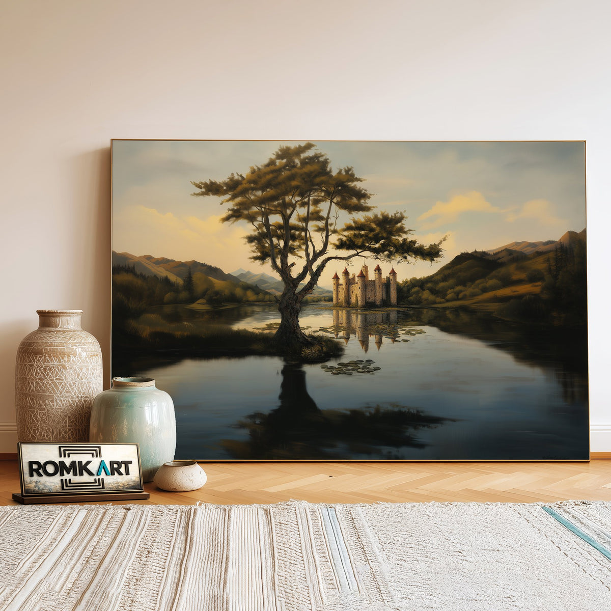Grand Stone Castle at Reflective Lake Waterscape Oil Painting - image 3
