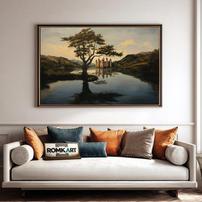 Grand Stone Castle at Reflective Lake Waterscape Oil Painting - image 4